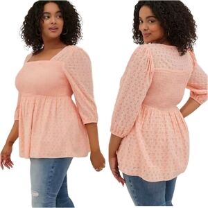 Torrid Peach Eyelet Smocked Babydoll Blouse Size 4X Cottagecore